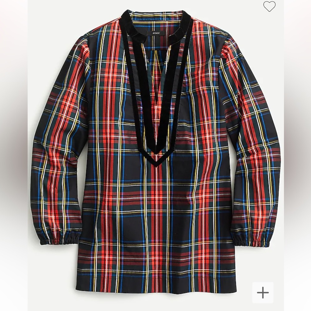 J.Crew Velvet-trimmed V-neck tunic in black Stewart tartan sz Small
